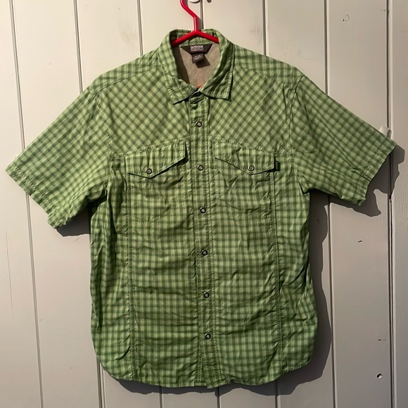 Outdoor Research Short Sleeve Nylon Shirt Snap Buttons Men’s Sz Med Green Plaid - Picture 1 of 11